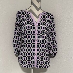 Stylish Women's Geometric Blouse -  Gray, White, Navy Blue and Lilac